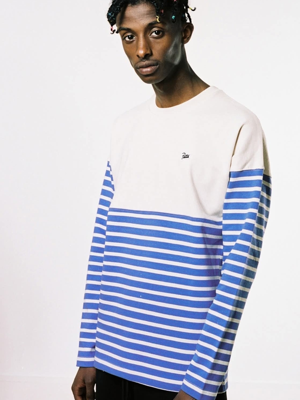 Patta Striped Heavy Longsleeve In Beige And Baja Blue